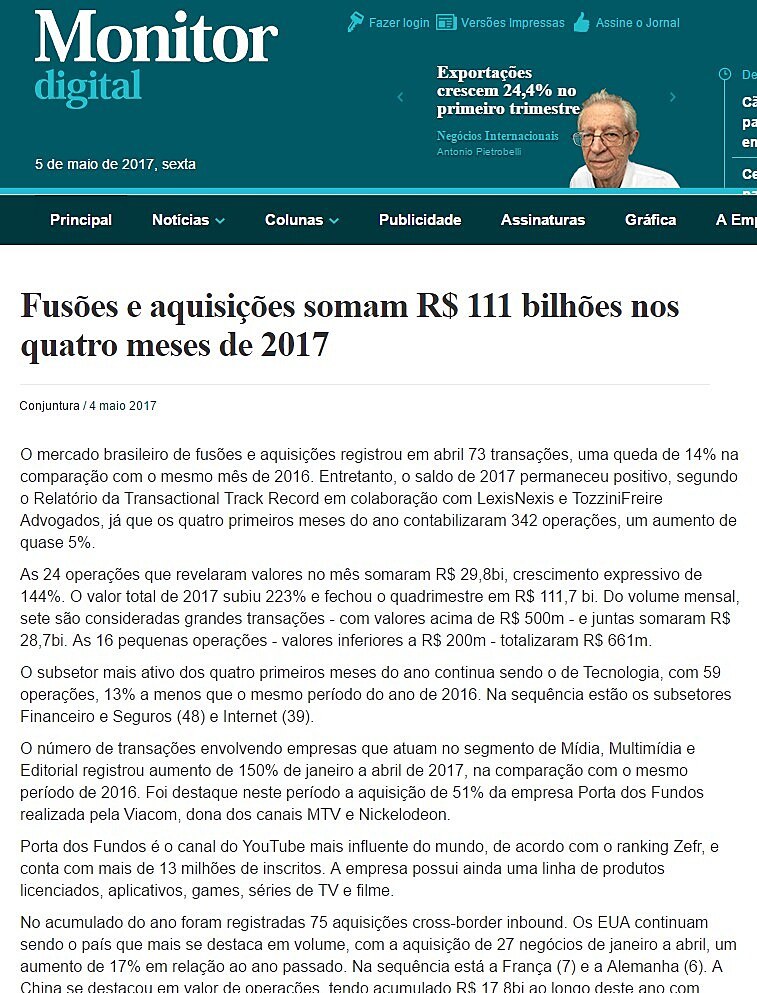 Fuses e aquisies somam R$ 111 bilhes nos quatro meses de 2017